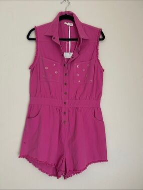 Designer Inspired pink romper with gold logos on pockets